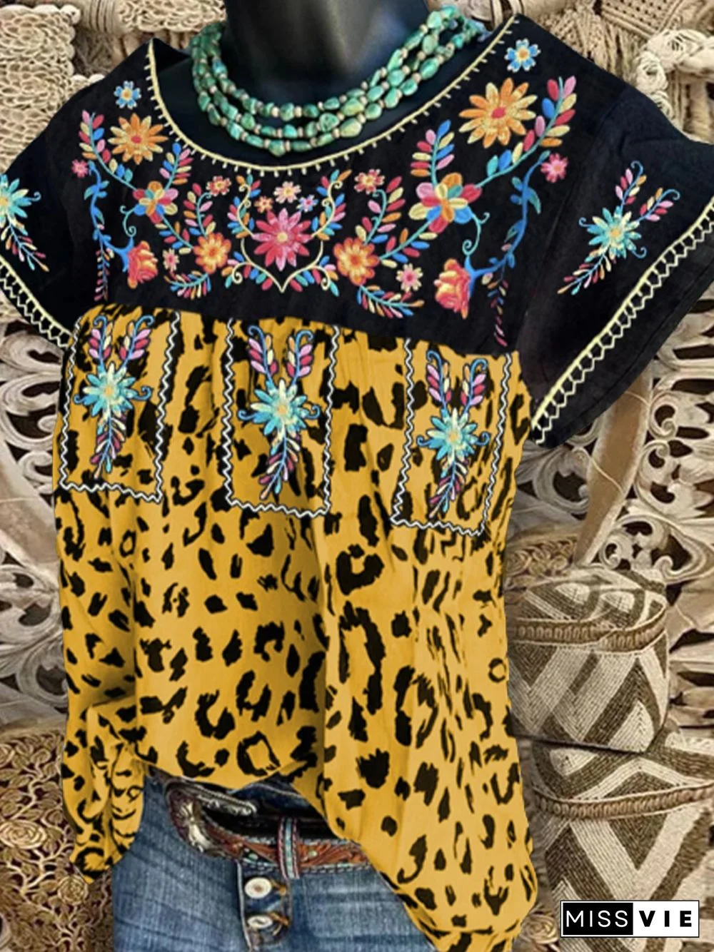 Short Sleeve Crew Neck Leopard Cotton-Blend Tops