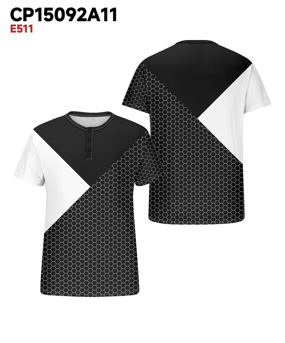 Men's Plus Size Daily Casual Black And White Patchwork Geometric Print Henry Collar Button Short Sleeve T-Shirt