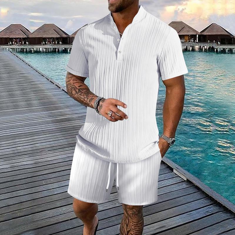 Men's Solid Color Textured Striped Stand Collar Short-sleeved Shorts Two-piece Set 56833582X