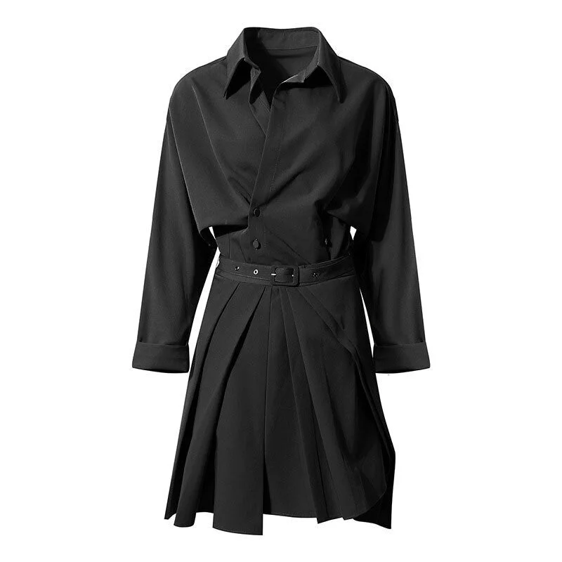 Tlbang Asymmetrical Casual Skirt Suit For Women Lapel Long Sleeve Ruched Shirt High Waist Pleated Mini Skirts Female Sets