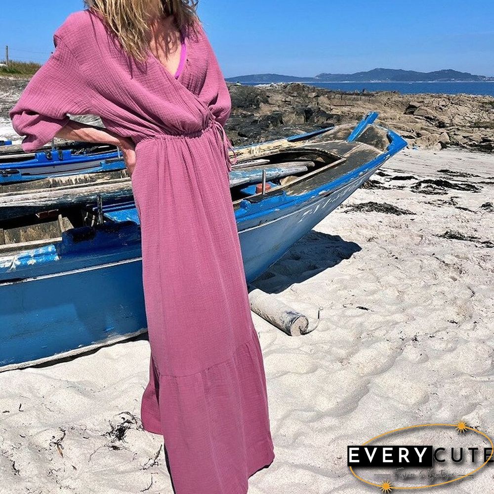 Elegant Casual Solid A-Line Maxi Dress Women Fashion Long Sleeve Drawstring Waist Dress Autumn V-Neck Soft Draped Beach Dresses