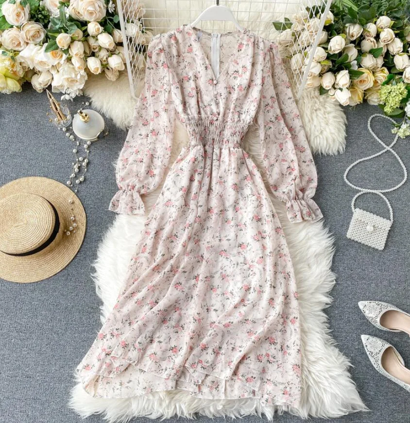 Floral elegant Women Dress Vintage Long sleeve V-neck Print Chiffon Dresses 2020 Spring summer Elastic waist Long Dress Vestidos