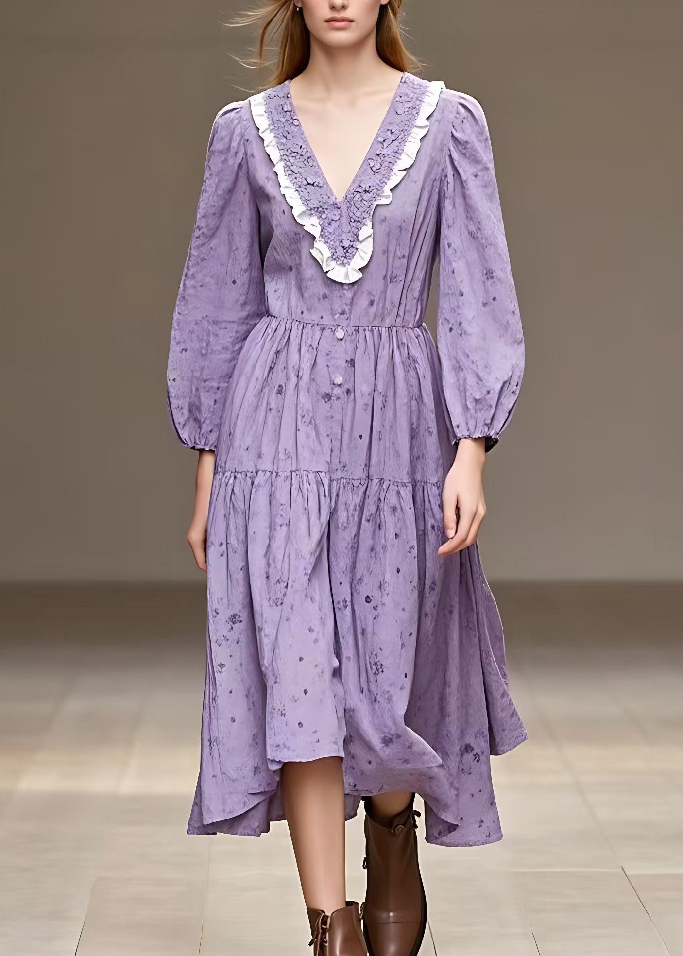 VCSHOES Purple Patchwork Wrinkled Holiday Long Dress Long Sleeve