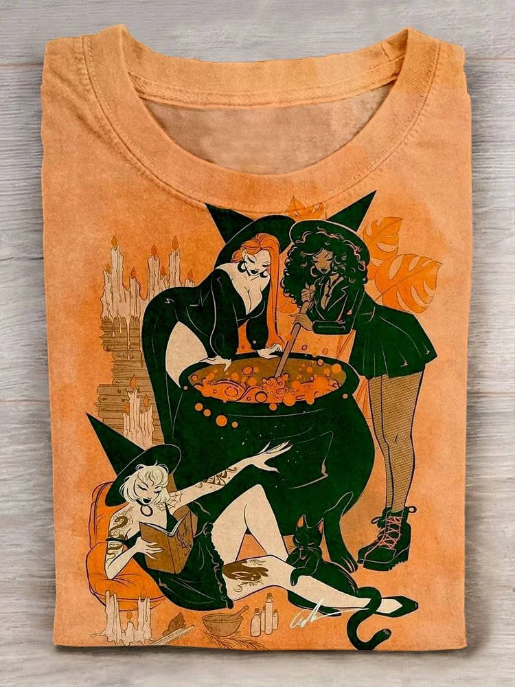 Halloween Witch Art Print Casaul Short Sleeve T-shirt