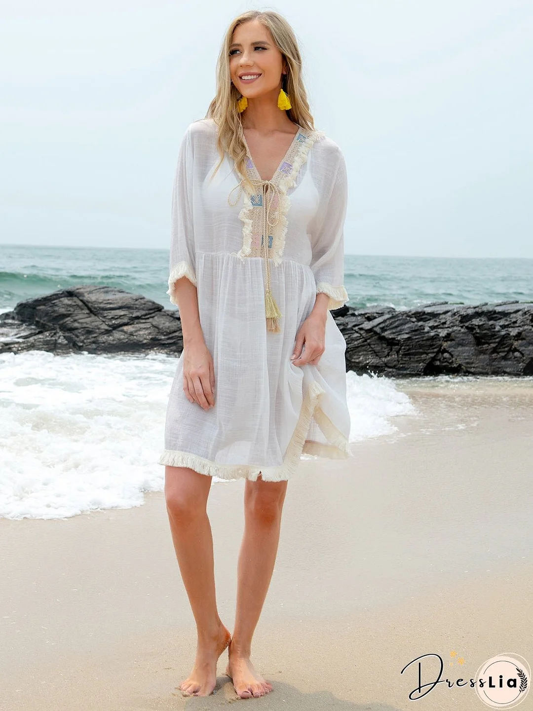 Tassel V-Neck Three-Quarter Sleeve Cover Up