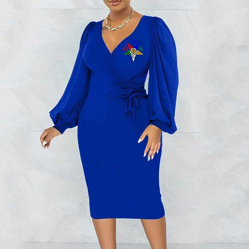 Fashionable V-neck tie pleated wrap hip dress