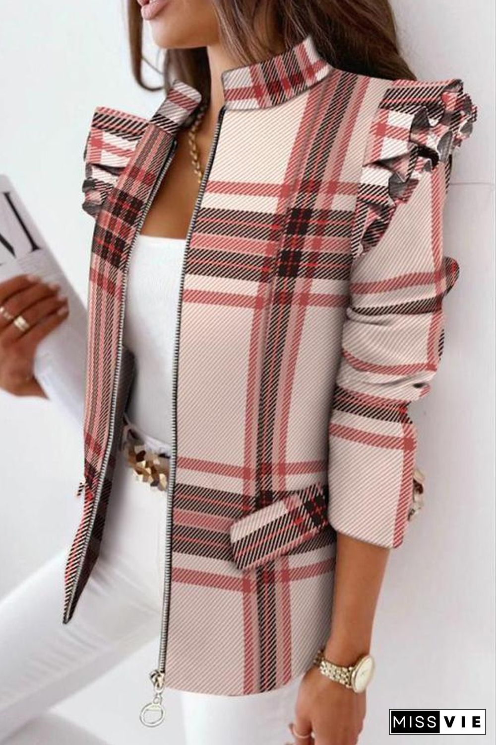 Melrose Plaid Print Ruffles Sleeve Zipper Up Coat