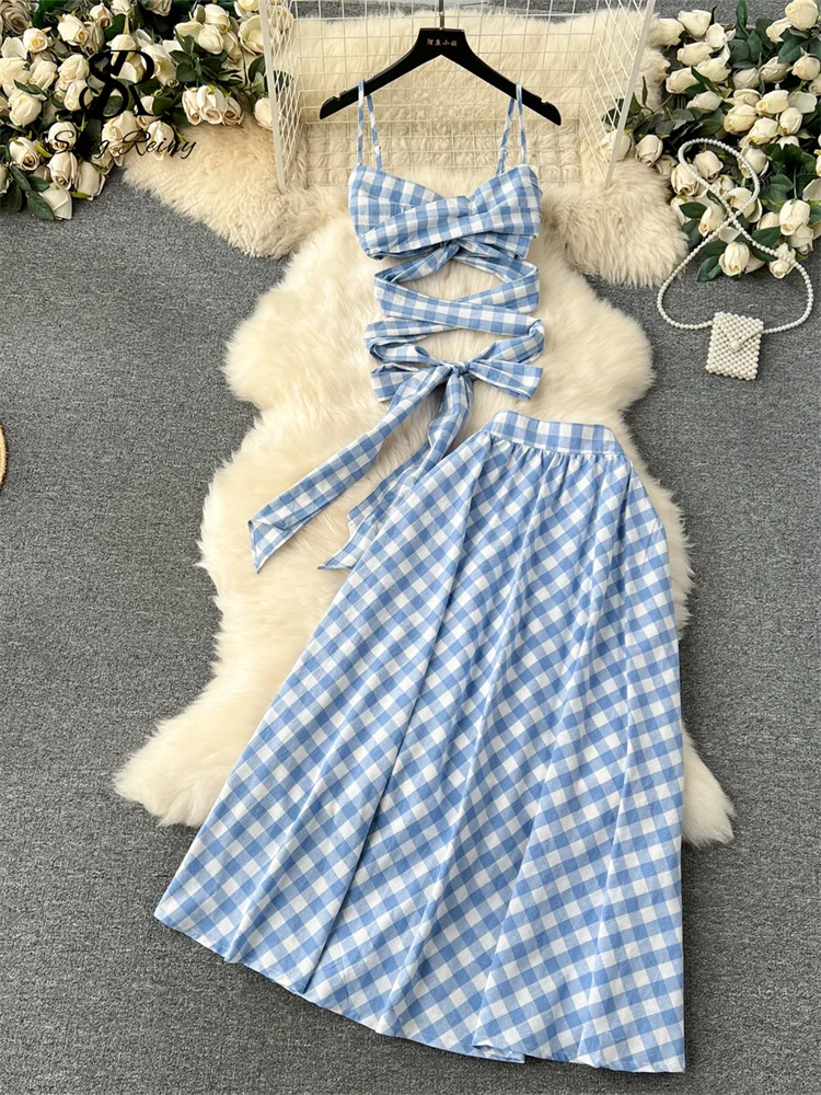 Huibahe Chic Vacation Plaid Two Pieces Suits Bandage Strap Sexy Tops+Elastic Waist Pocket Skirt Fashion Trendy Street Sets