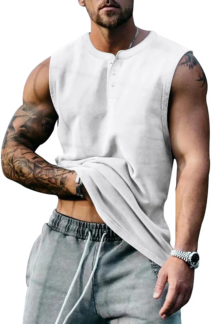 Sporty Button Sleeveless Solid Tank Top
