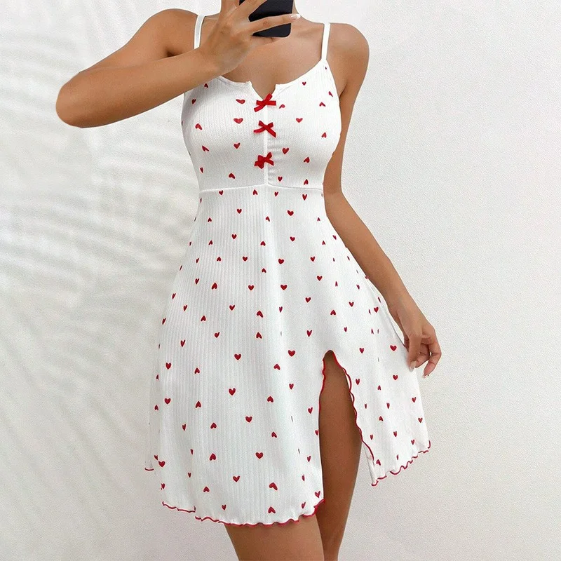 Uveng Exploding Love Print Luo Wen Front Fork Deep V Sling Skirt Pyjamas Home Clothes Hot Set