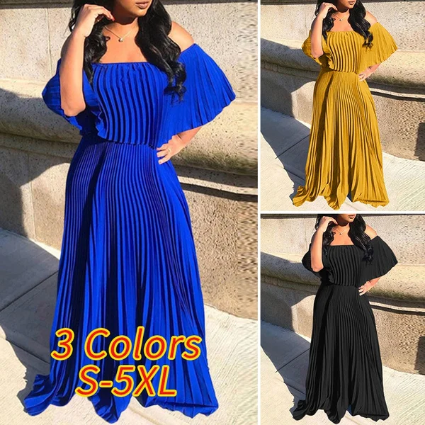 S-5XL Women Solid Color Sexy Off-shoulder Pleated Maxi Dress High Waist Big Swing Elegant Party Prom Dresses Bohemian Holiday Beach Dress