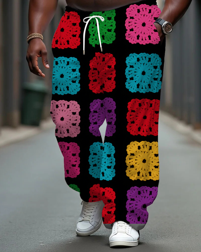 Big Men's Colorful Lace Geometric Pattern Printed Pants with Pockets & Drawstring