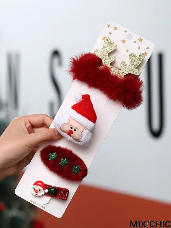 4Pcs Santa Claus Christmas Tree Elk Pattern Antler Hair Clip Set Holiday Party Decorations Accessories Xmas Hair Accessory