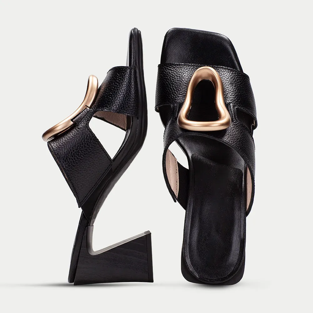 Black Square Toe Chunky Heel Cut Out Metal Decor Mules Sandals