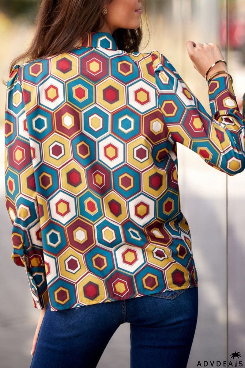 Elegant Print Patchwork Shirt Collar Tops