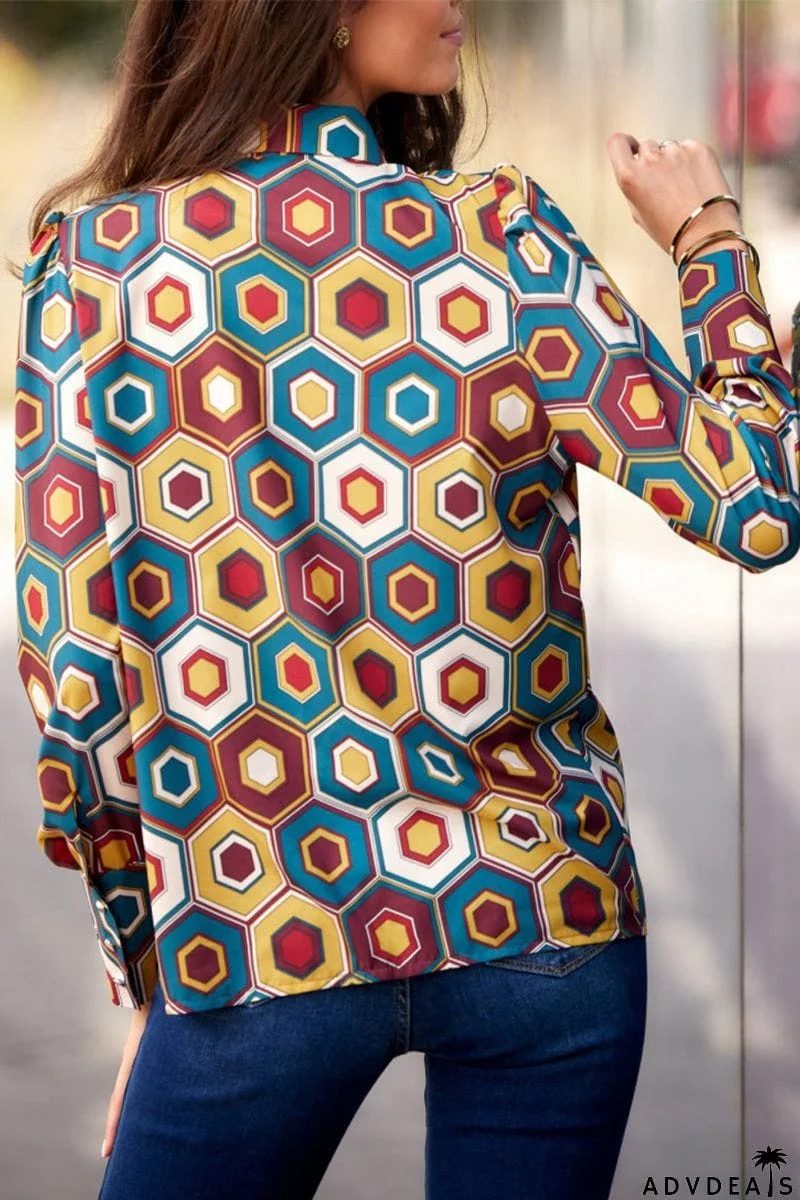 Elegant Print Patchwork Shirt Collar Tops