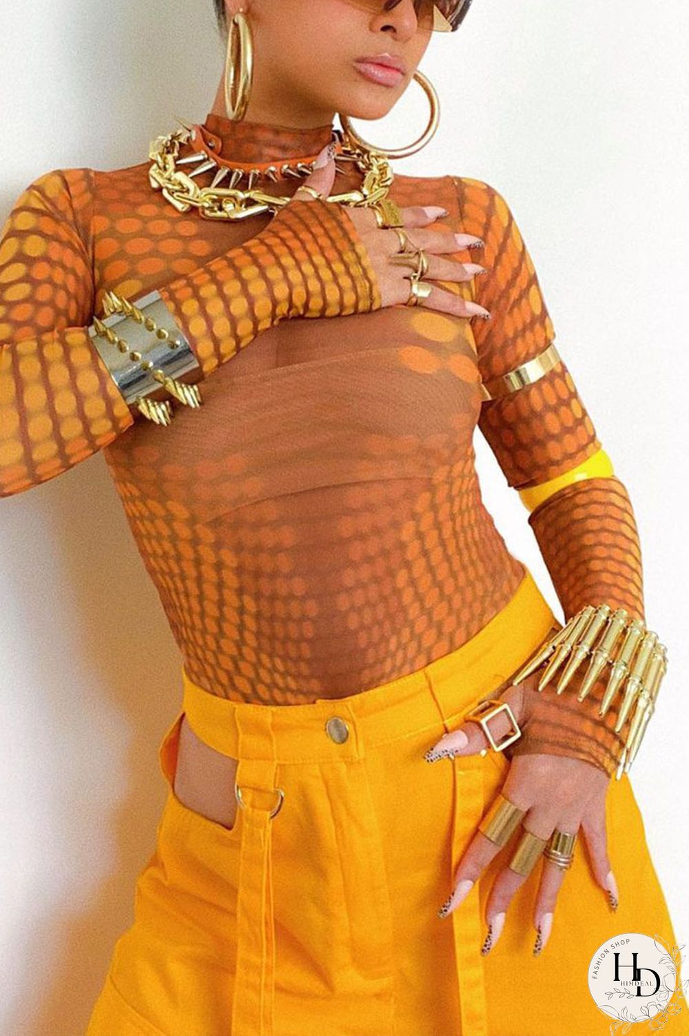 Tangerine Red Casual Print O Neck Mid Waist Tops