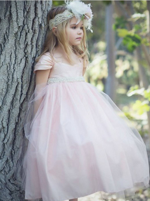 Bellasprom Short Sleeve Scoop Neck Ball Gown Flower Girl Dress Floor Length Satin Taffeta Tulle  With Bow Solid Bellasprom