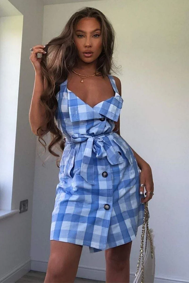 Blue Gingham Button Up Summer Dress Katch Me