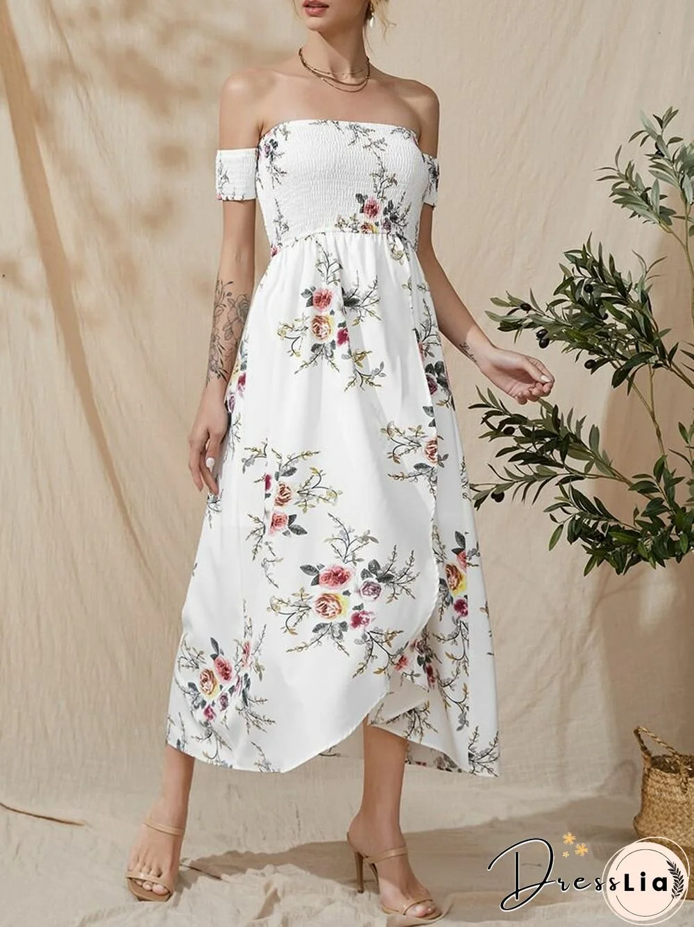 Flower Print Short Sleeve Asymmetrical Hem Maxi Dress