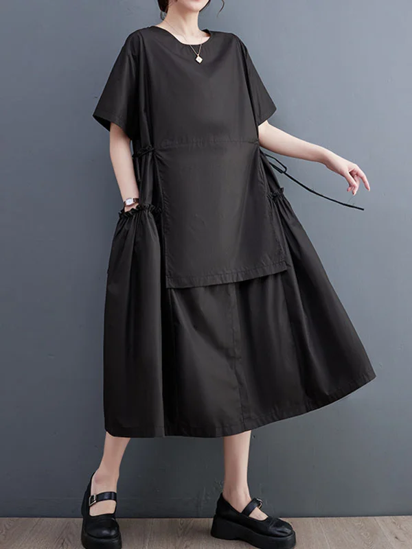 Roomy Short Sleeves Pure Color Split-Joint Round-Neck Midi Dresses