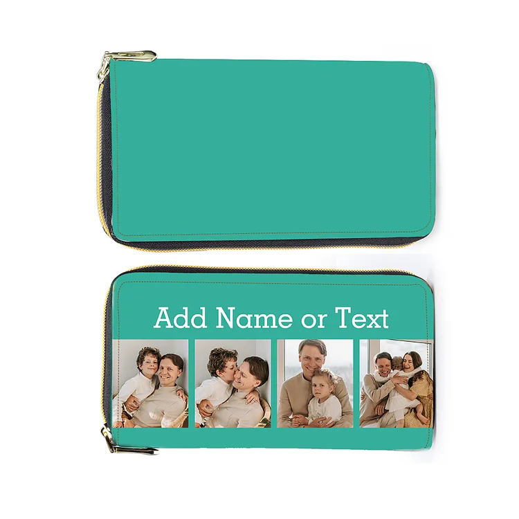 Personalized Photo Zipper Wallet with 4 Photos Green Leather Purse for Women