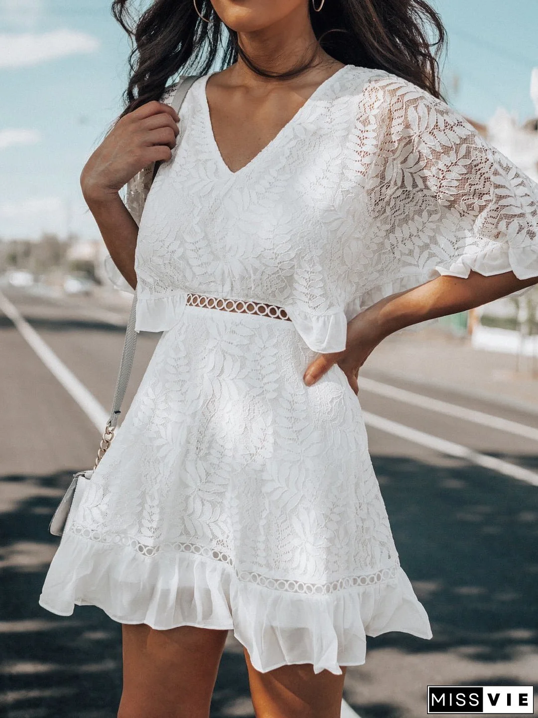 Women's Dresses V-Neck Lace Short Sleeve Ruffle Dress
