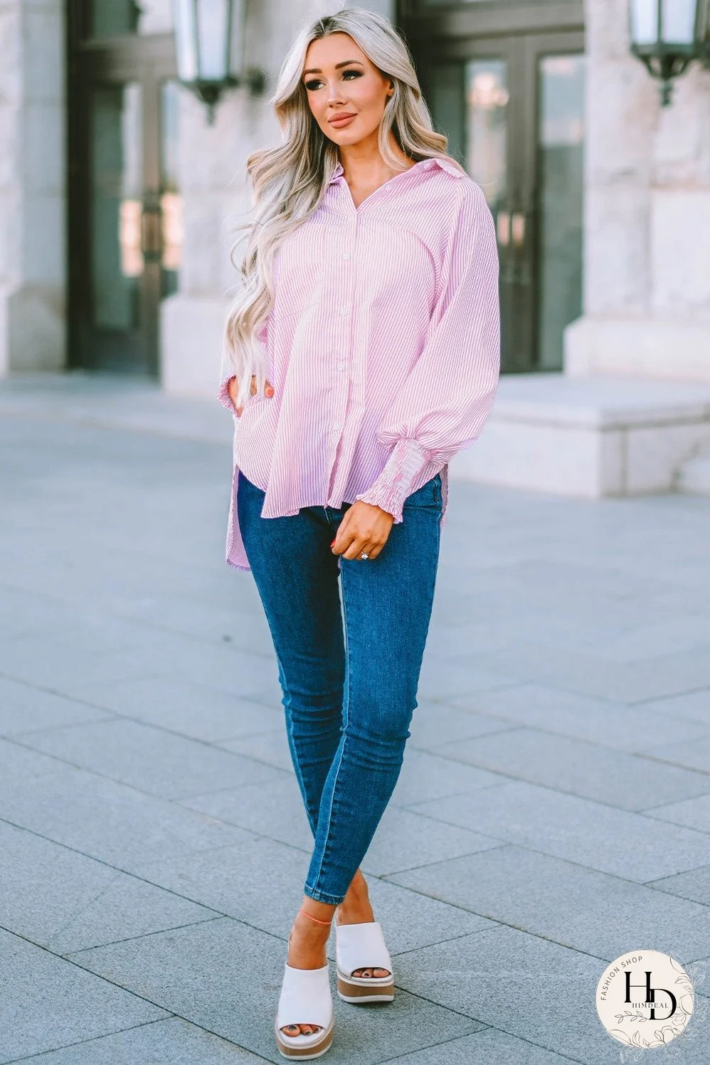 Simple Solid Lapel Button Long Sleeve Blouses