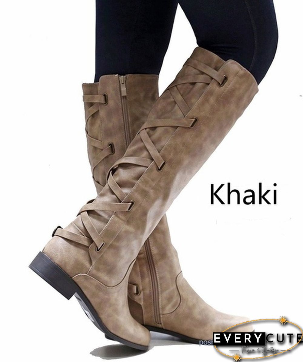 Women Winter Low Heel Belt Buckle Riding Leather Boots Knee High Cowboy Boots (Please Choose A Larger Size)