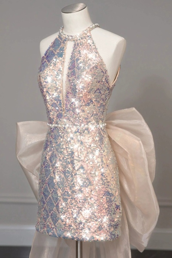 Ovlias Shining Blushing Pink Halter Homecoming Dress Backless with Sequins CH0043