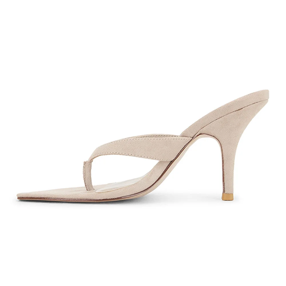 Women's Open Pointed Toe Flip Flops Slip On Heeled Mules in Beige