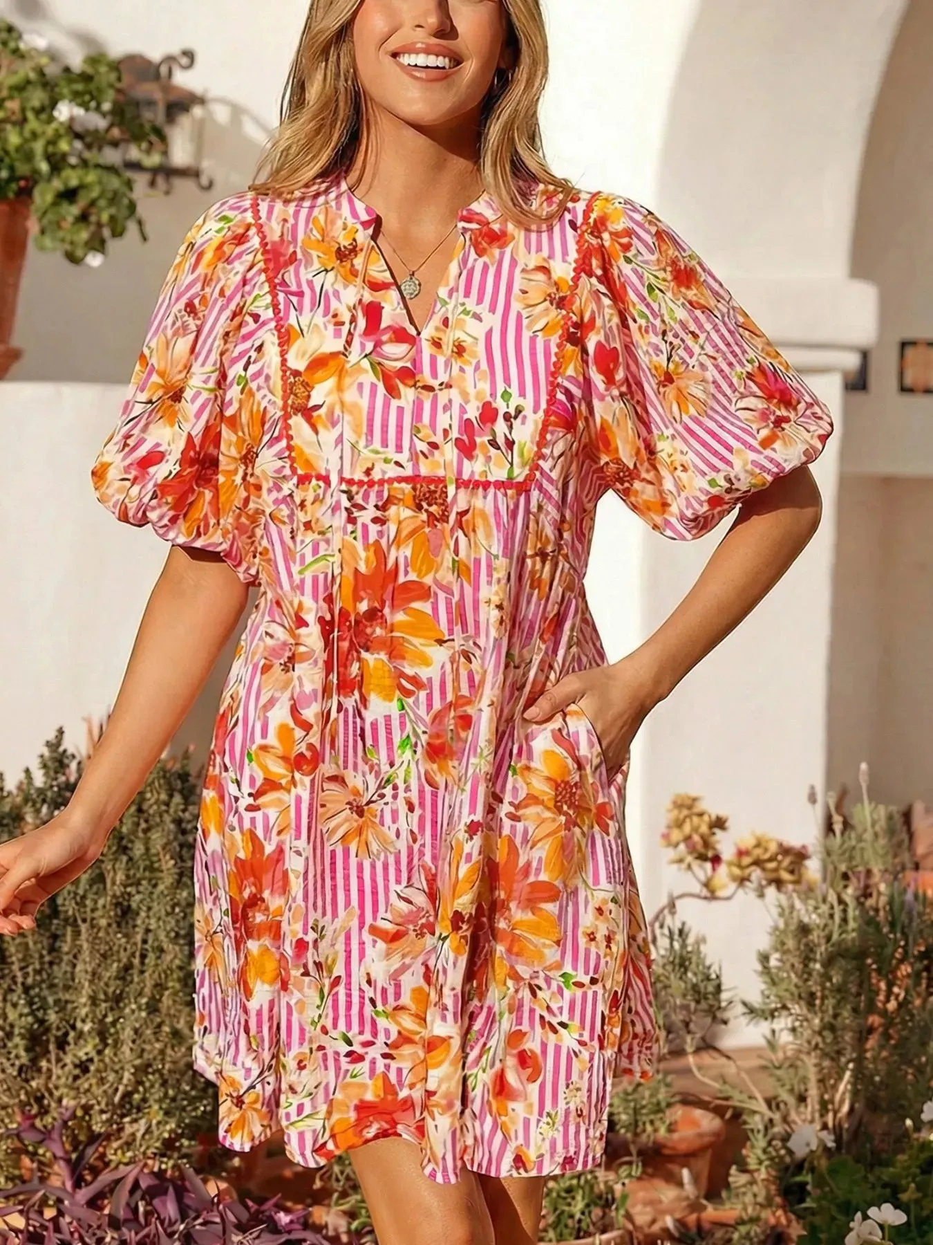 Floral Print Striped Casual Mini Dress mysite idetrend