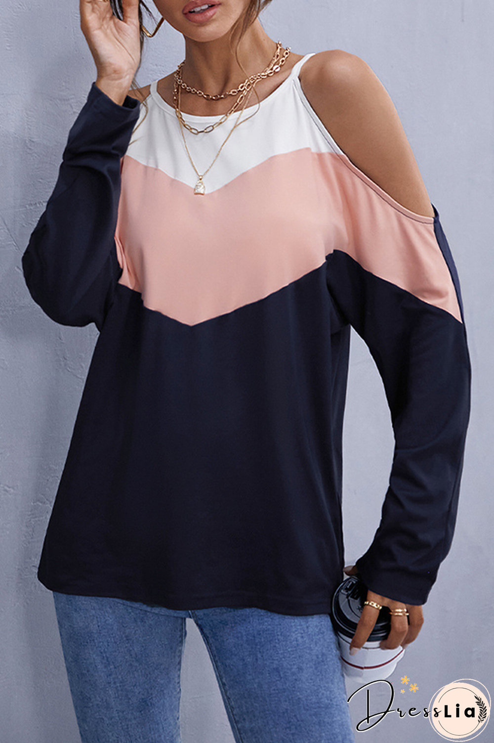 Casual Patchwork Hollowed Out  Contrast O Neck Tops