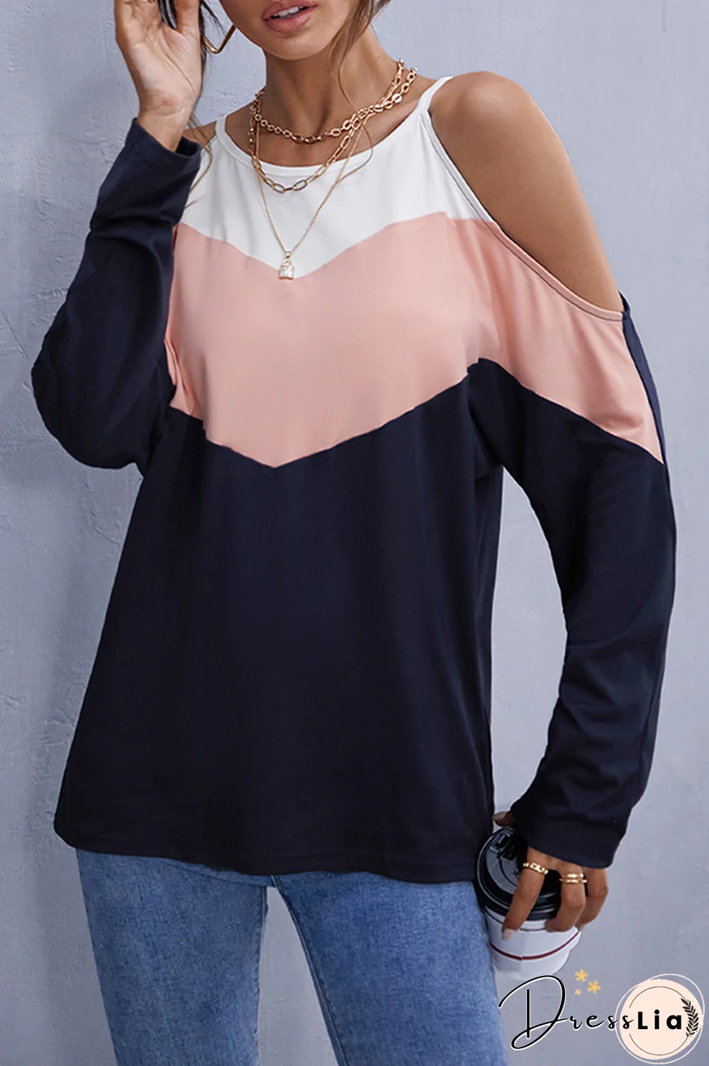 Casual Patchwork Hollowed Out  Contrast O Neck Tops