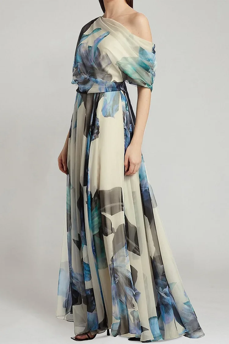 Semi Formal Blue Chiffon Floral Print Skew Neck Maxi Dress