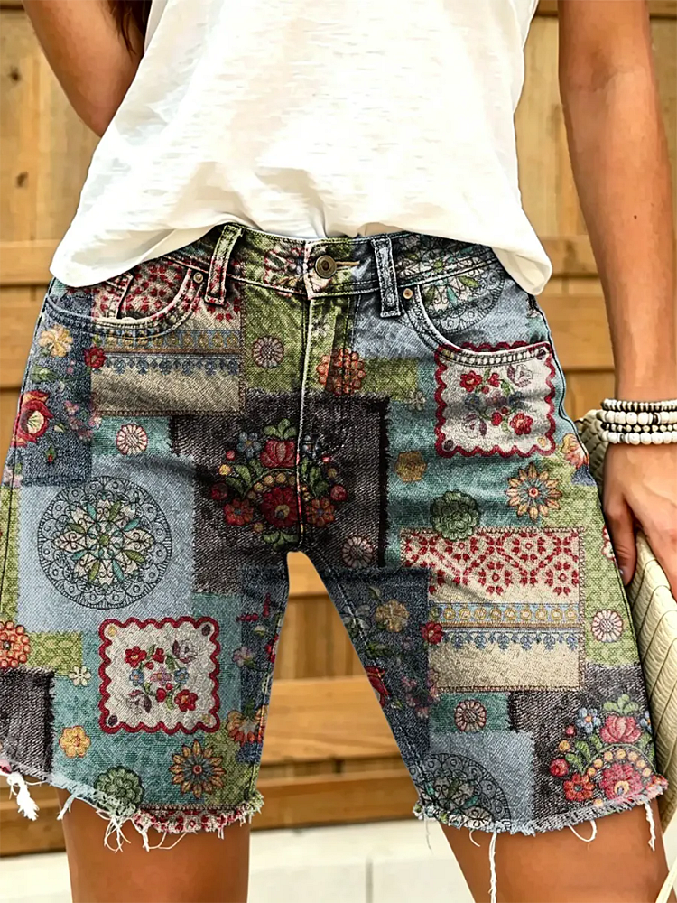 Women's Vintage Floral Print Denim Shorts