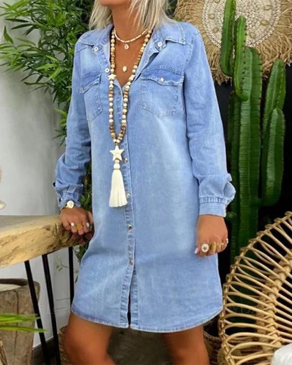 V Neck Long Sleeve Denim Dresses