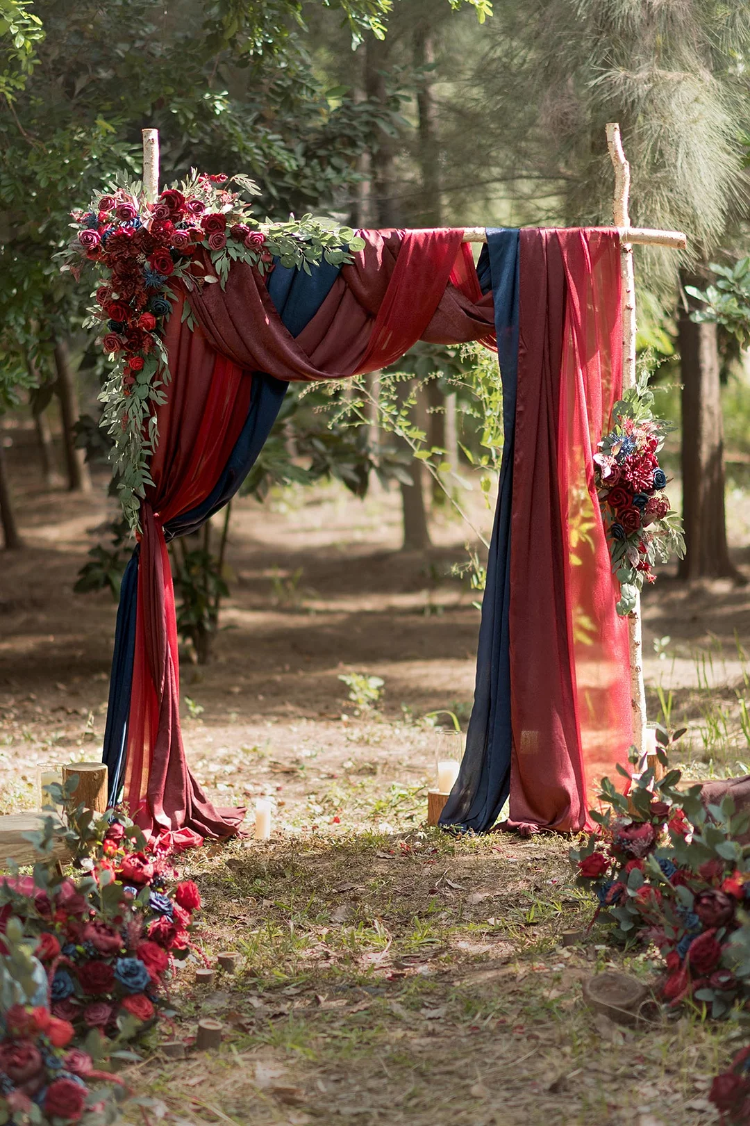 Flower Arch Decor with Drapes in Burgundy & Navy