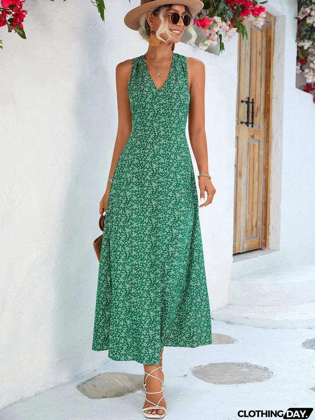 Printed Open Back Sleeveless Maxi Dress