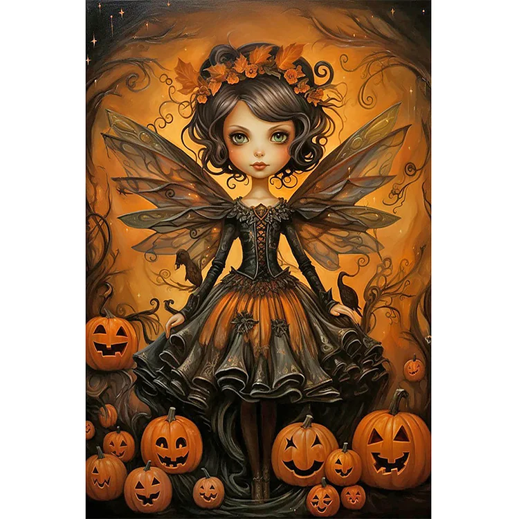 Halloween Pumpkin Elf Girl In Black 40*60CM (Canvas) Full Round Drill Diamond Painting gbfke