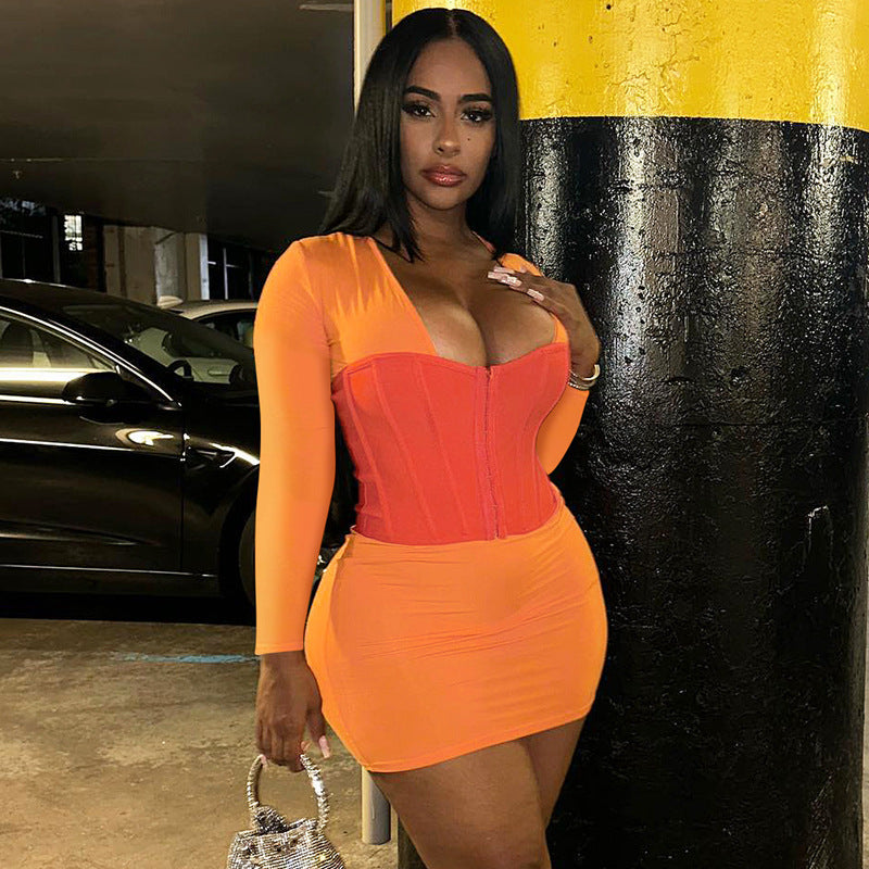 Color Contrast Stitching Dress Fall Women Clothing Breasted Tight Waist Hip Dress