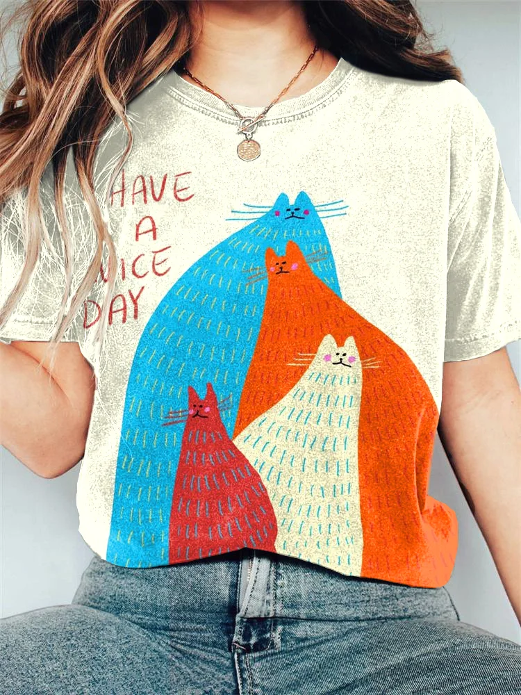 Cute Cat Have A Nice Day Pattern Short Sleeve T-Shirt