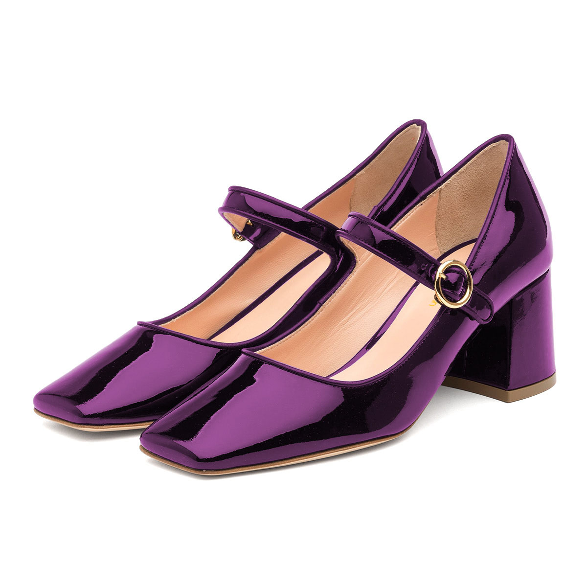 Purple Patent Leather Square Toe Block Heel Buckle Strap Pumps Shoes Nicepairs