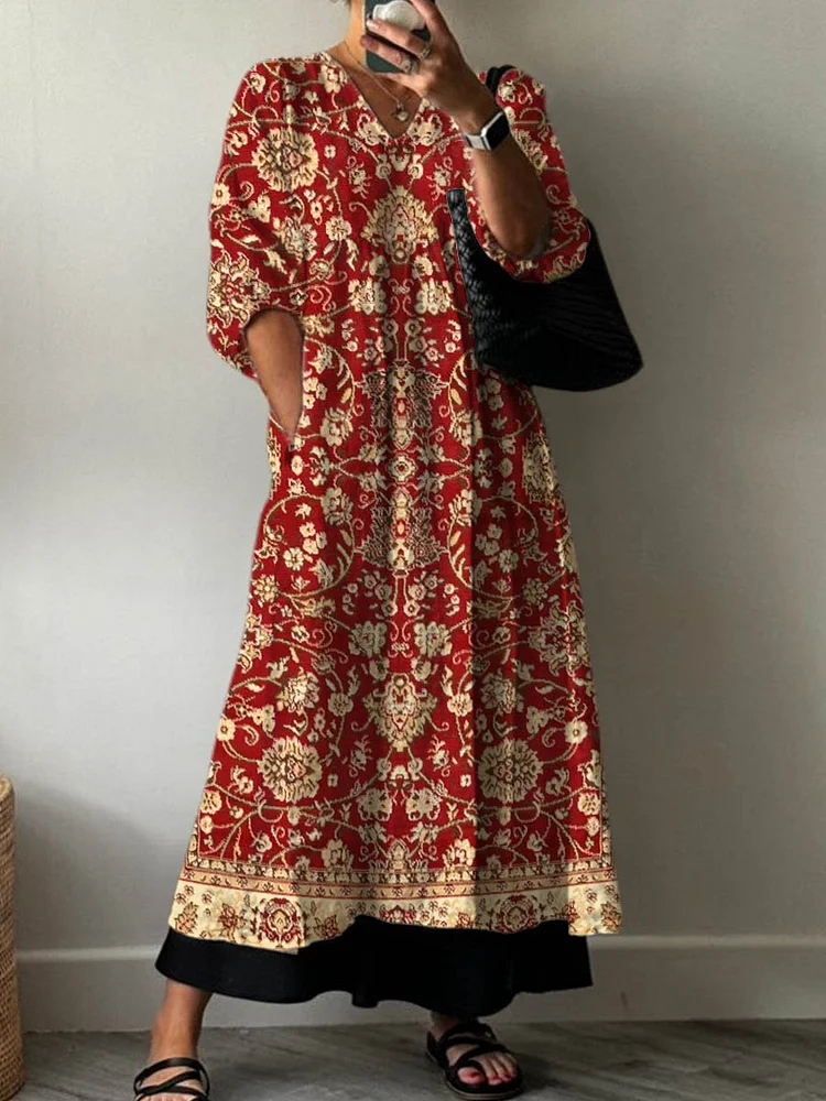 Women's Vintage Lovely Floral Art Print Pocket V-neck Cotton Dress
