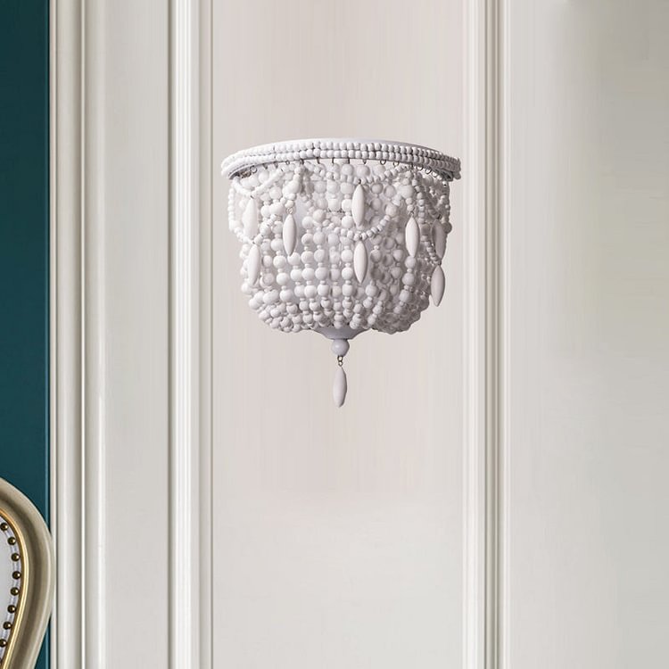 1 Light Bedroom Wall Mount Lighting Traditional White Sconce Light Fixture with Basket Wood Shade