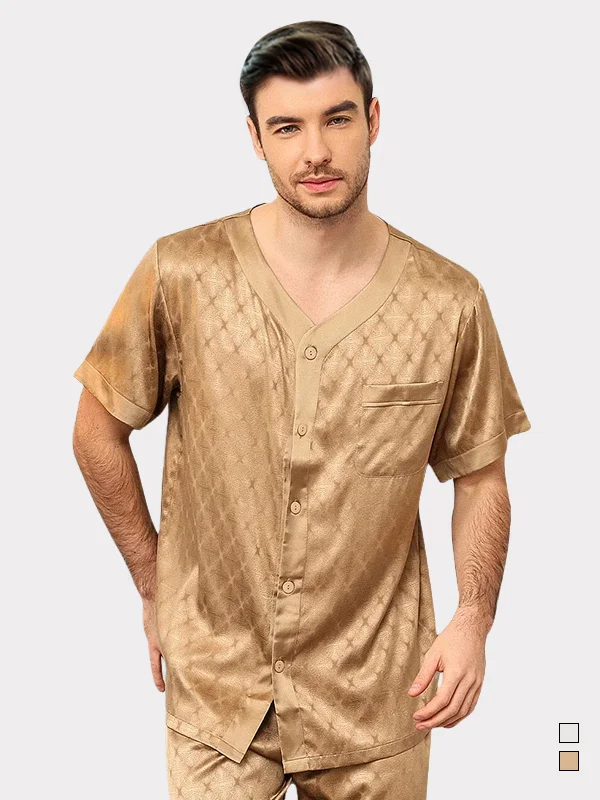25 Momme V Neck Silk Pajamas For Men Gold Silk Pajamas
