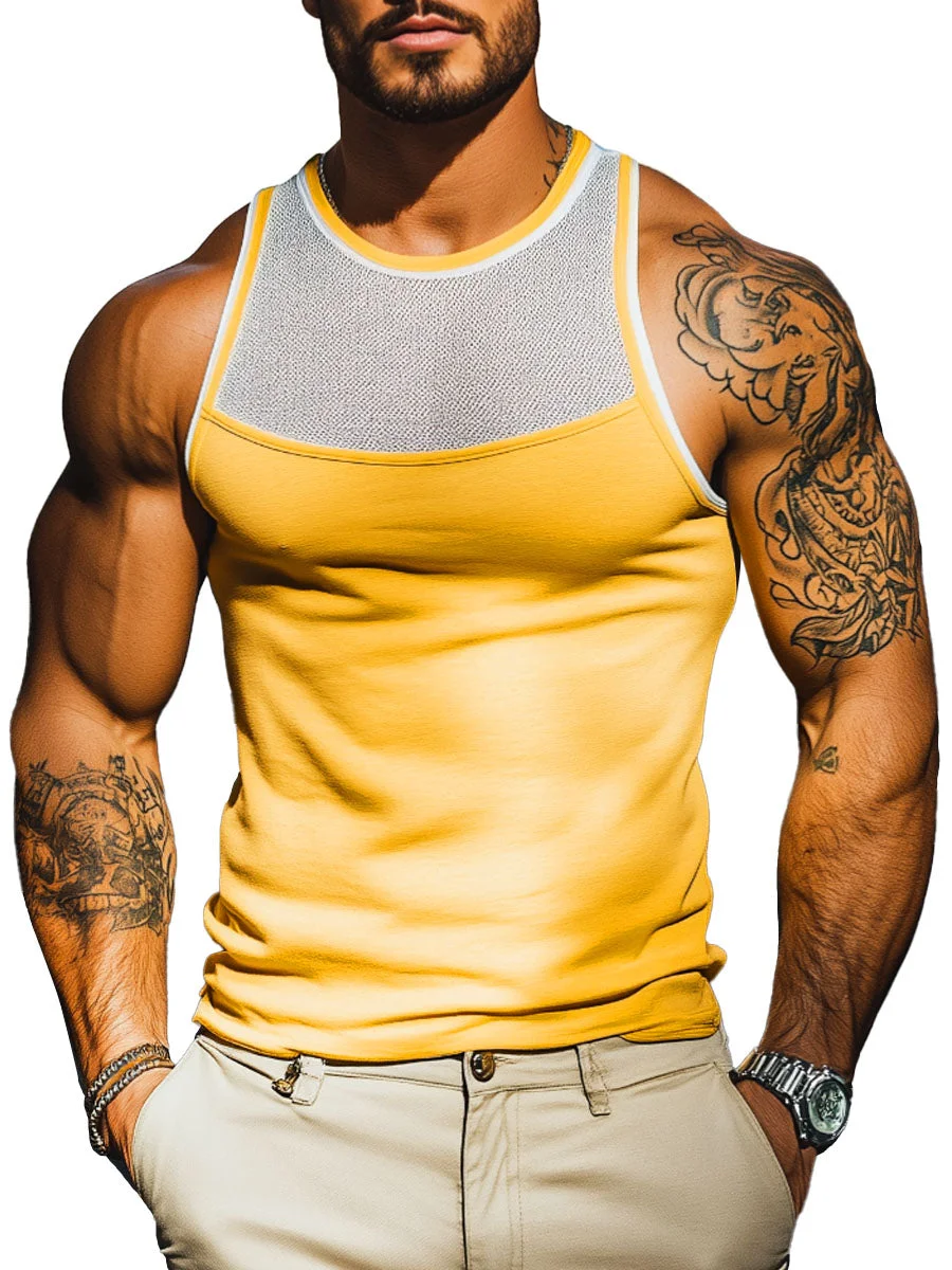 Men's Mesh Stitching Cotton Round Neck Casual Tank Top
