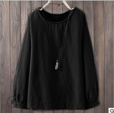 Women Cotton Linen Lantern Sleeve O Neck Casual Tops