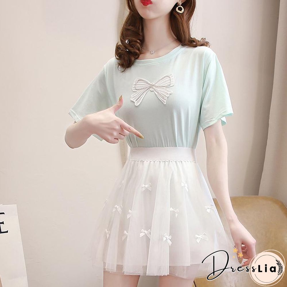 Sweet Bowknot Tee+Mesh Skirt P15738