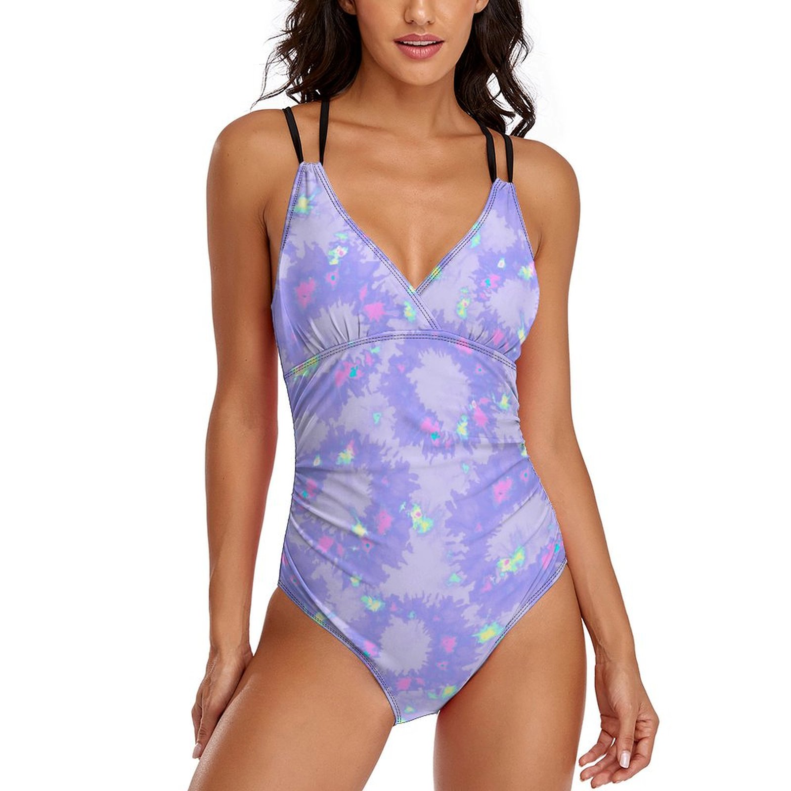 Women's Tie-dyed Fabric One Piece Deep V Neck Crisscross Back Adjustable Strap Swimsuits